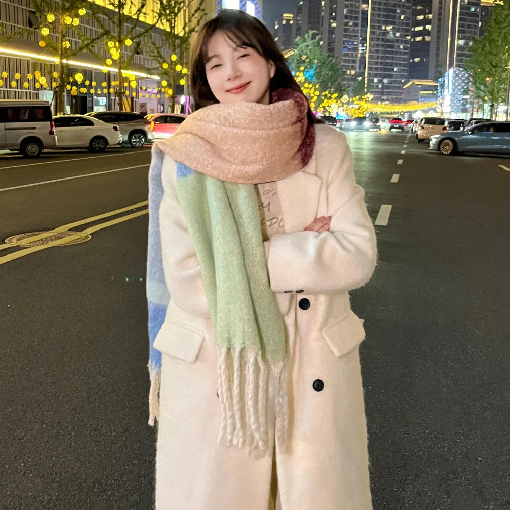 Korean Style Colorful Plaid Plush Shawl Thicken Windproof Rainbow Cashmere Scarf Pashmina Wool Winter Tassel Neckerchief Autumn