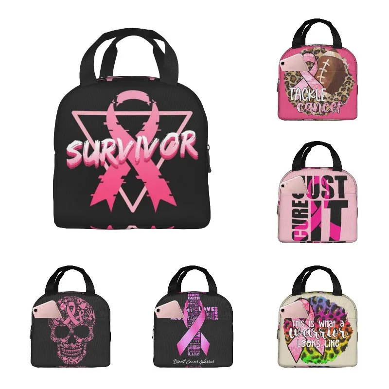 Fight Breast Cancer Insulated Lunch Box Portable Thermal Cooler Tote Bag with Front Pocket Reusable Leakproof Lunch Bags