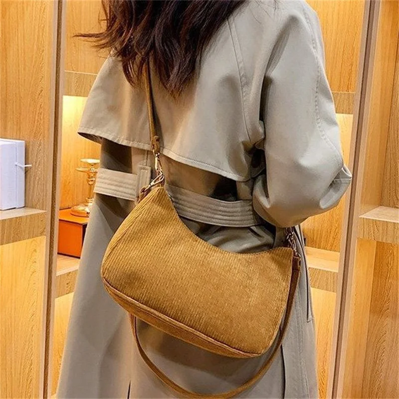 Solid Color Corduroy Women Shoulder Bag Luxury Designer Handbag Korean Casual Crossbody Bags Zipper Messenger Underarm Tote Bag