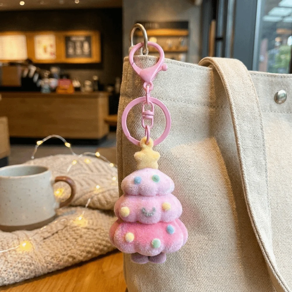 Portable Creative Christmas Tree Flocked Keychain Optional Mini Holiday Gift Box Soft Touch Lightweight Bag Charm Xmas