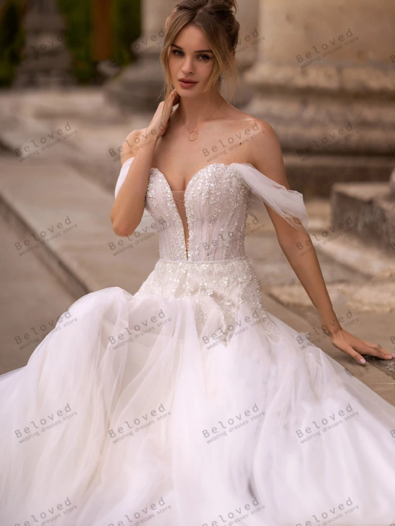 Abiti da sposa graziosi A-Line Tulle Abiti da sposa a strati con spalle scoperte Abiti per feste formali Graziosi abiti da sposa 2025