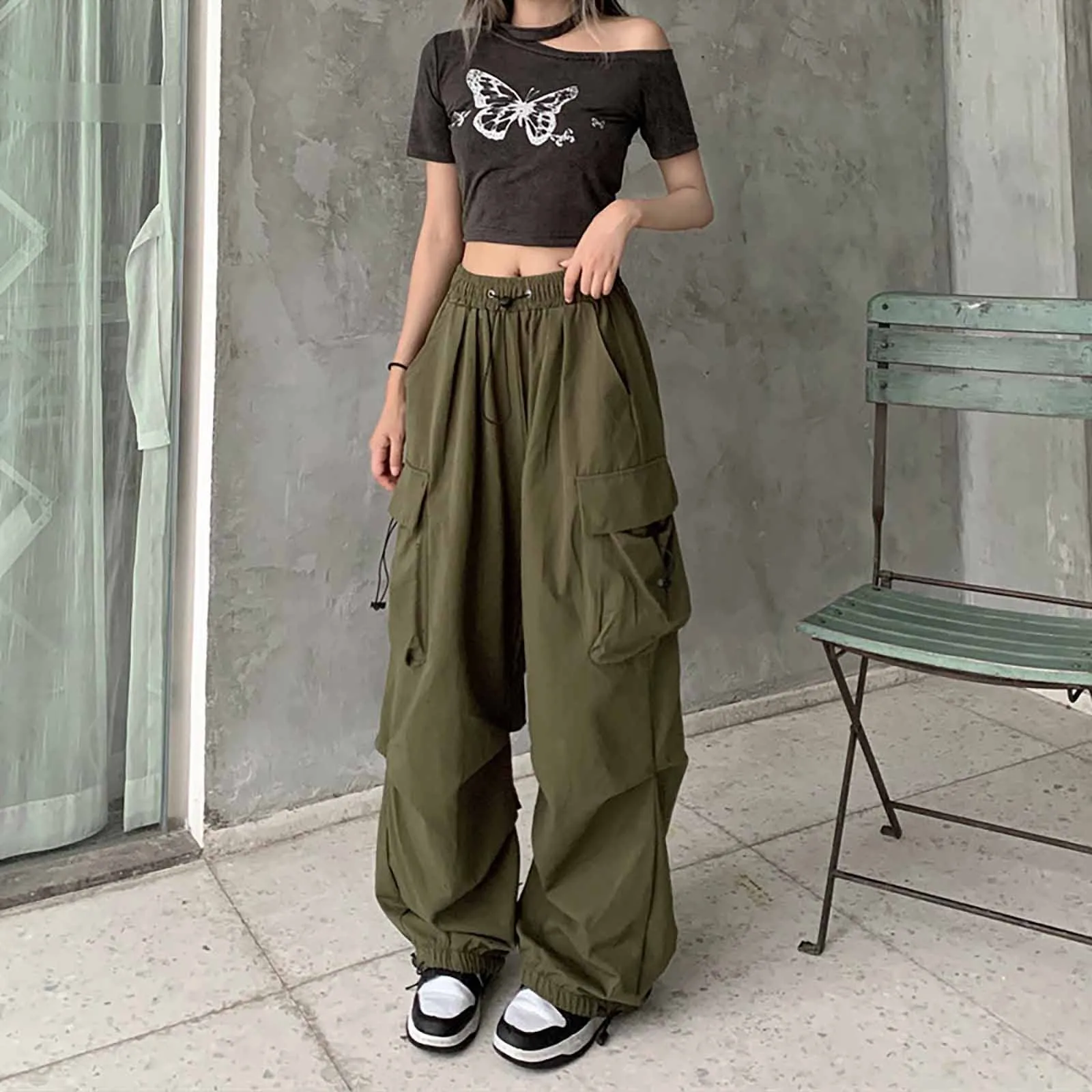 

Women'S Trend New Cargo Pants Casual Drawstring Elastic Waist All-Match Straight-Leg Pants With Drape Loose Comfy Overall Pants