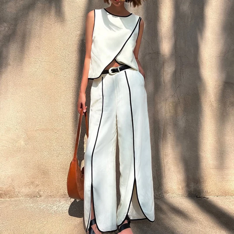 Casual Contrast Color Commute Lady Suit Elegant O Neck Slit Top & Straight Trousers Women Set Spring Summer Sleeveless Tank Suit