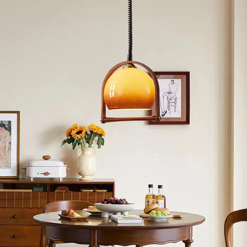 

Japanese retro wabi sabi style solid wood glass chandelier restaurant bar counter hall island lighting fixtures