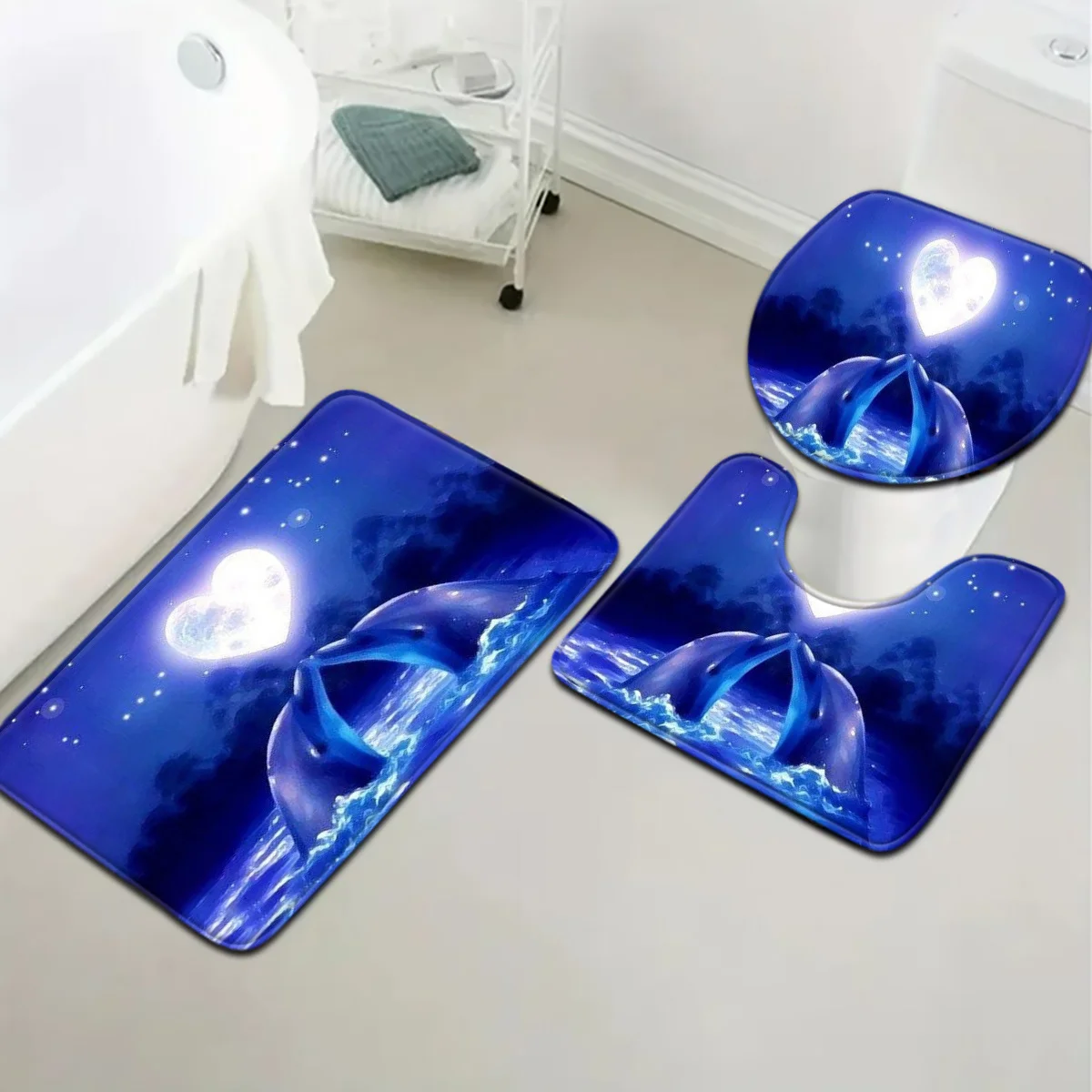 

Romantic Dolphin Bathroom Rug Set 3 Piece Heart Moon Ocean Pattern Toilet Mat And Contour Rug Non Slip Soft Bath Mats