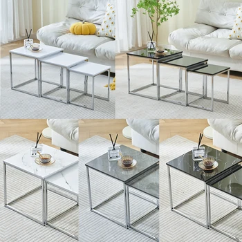 Image Set of 3 High Gloss Nesting Coffee Tables for Living Room, Stylish Square Sofa Side and End Tables