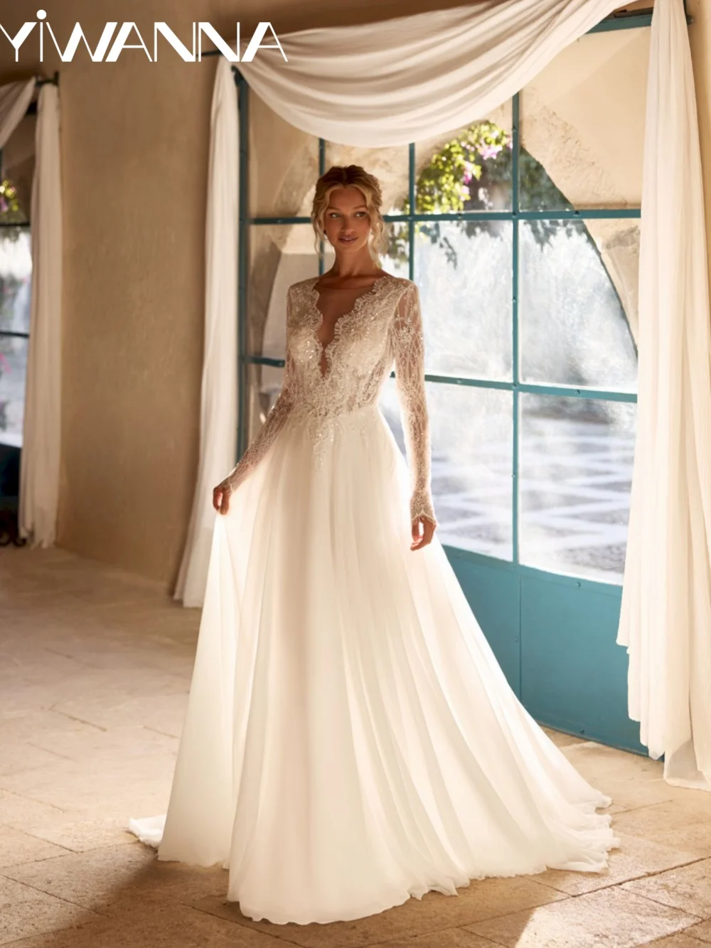 

New Classic Beaded Lace Wedding Dress Long Sleeved A-line Chiffon Bridal Gown Customized Charming Elegant Dresses For Bride