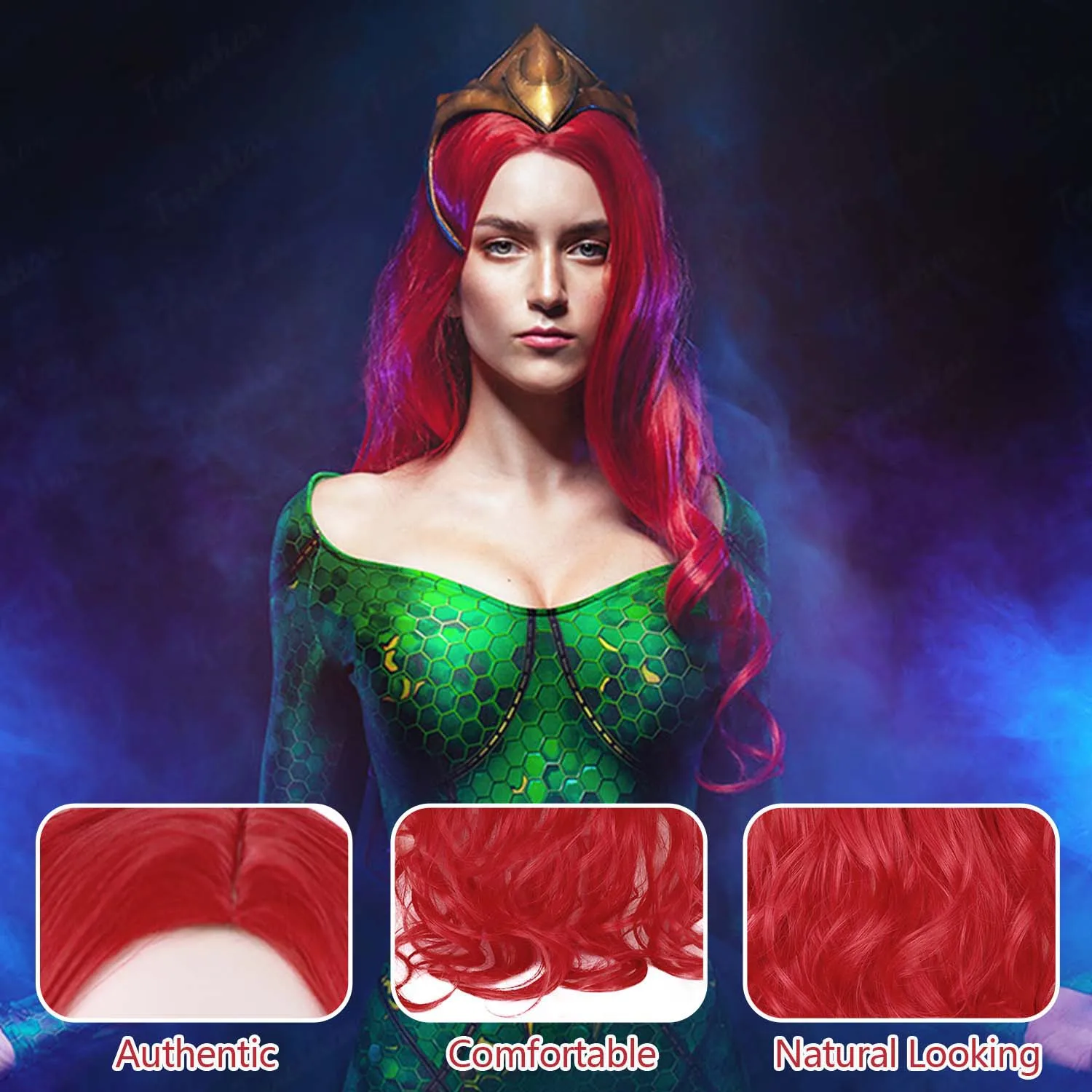 باروكات ميرا الاصطناعية، جزء جانبي، شعر مستعار أحمر طويل مجعد ومموج للنساء، شعر مستعار حورية البحر أنيق لحفلات الهالوين التنكرية اليومية #4