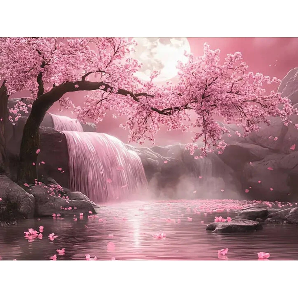 Kirschblüten-Diamantmalerei Wasserfall-Landschaft Diamant-Stickerei Baum Neues Handgefertigtes Geschenk