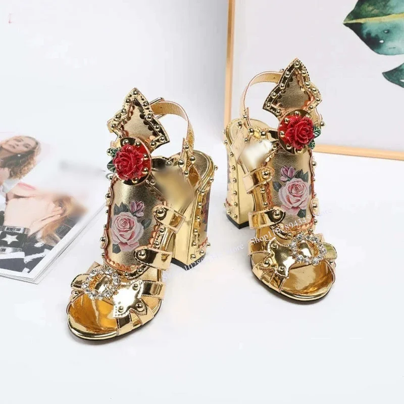 Gold Flower Pattern Hollow Sandals Chunky Heel Peep Toe Fashionable Cool Sexy 2024 Casual Big Size Woman Shoes Zapatillas Mujer