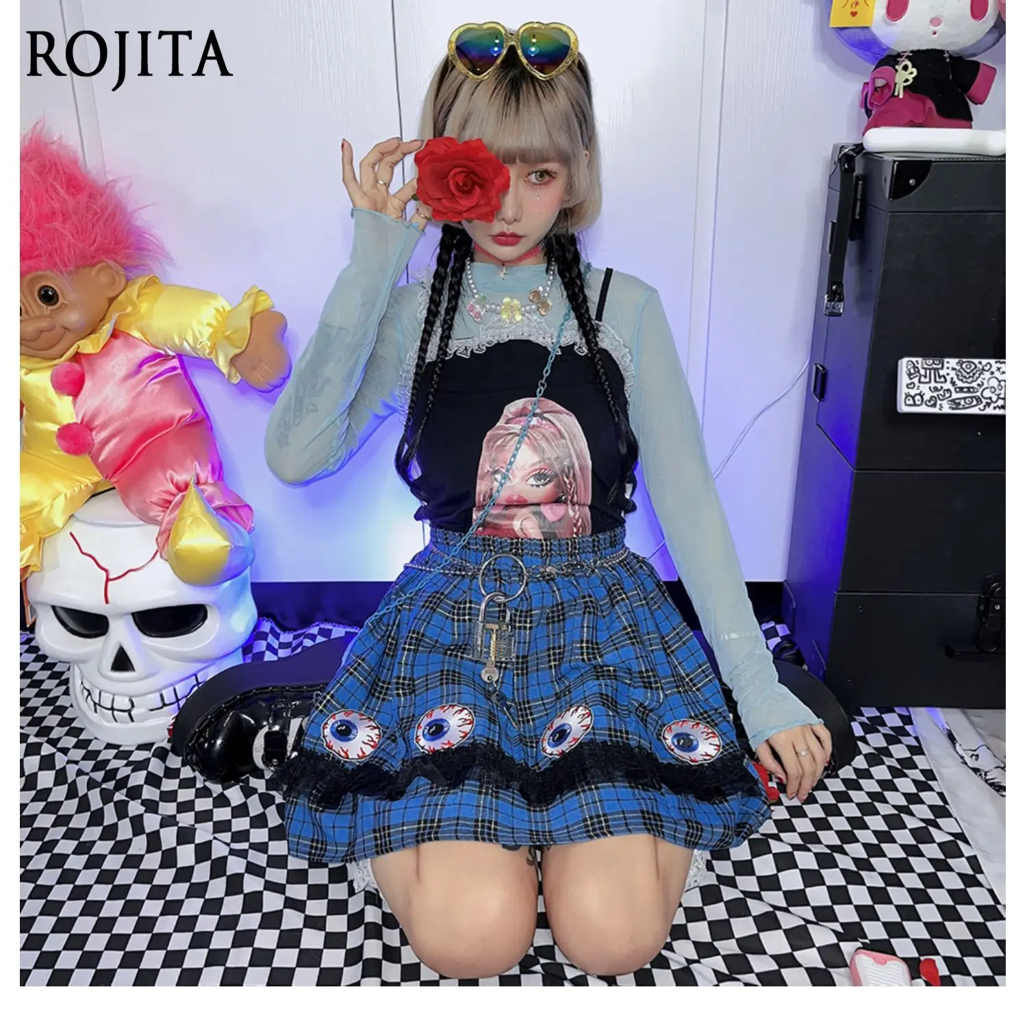

Black Lace Skirt Women Japanese Harajuku Y2K Millennial Babes Plaid Eyeball Embroidery Punk Skirt Blue Plaid Skirt Summer New