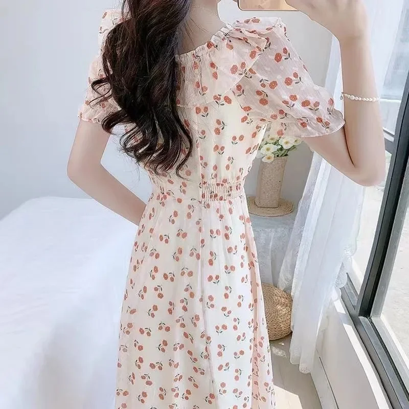 여름 레이디 쉬폰 맥시 드레스 2025 여성 반팔 긴 드레스 프랑스 Femme 연꽃 잎 칼라 꽃 프린트 a 라인 Vestidos