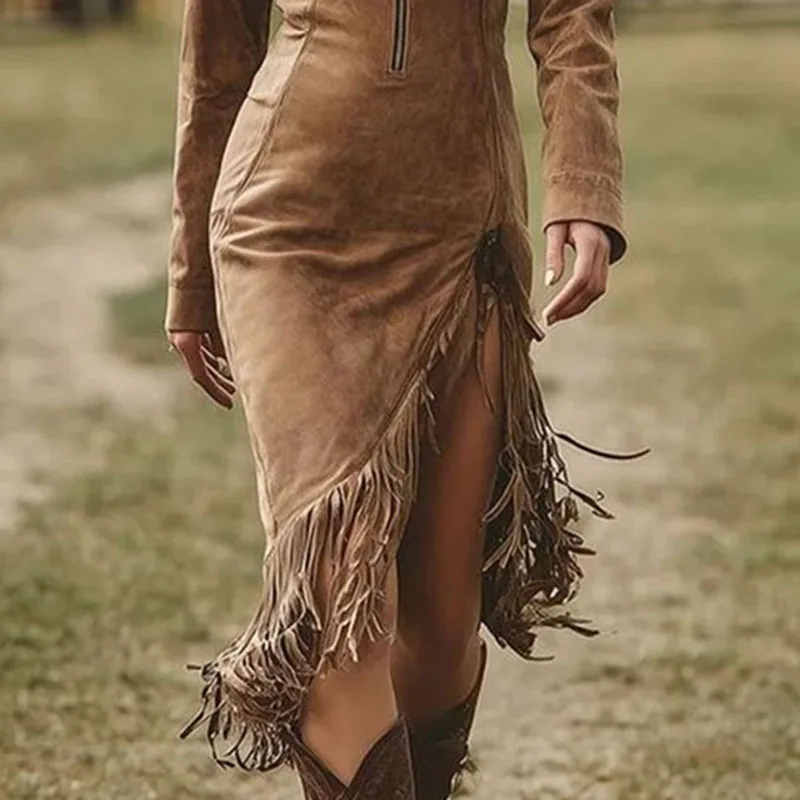 brown tassel dress Brown Southern Fringe Suede Dress – Hippie Vibe Tribe