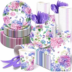 Hydrangea Floral Purple Party Disposable Tableware Sets Paper Plates Cups Napkins Mexican Cinco De Mayo Party Dinnerware Decor