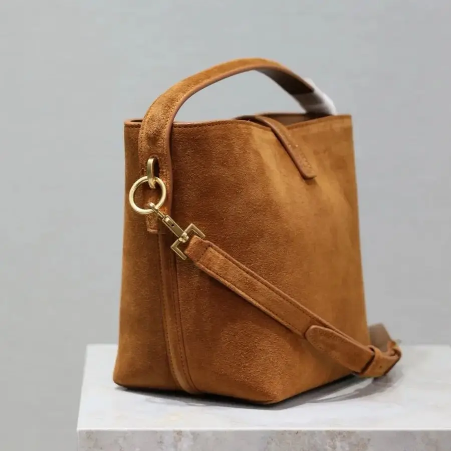 New Elegant Suede And Cowhide Bucket Bag Metal Feet Handbag Women's Tote Shoulder Bag