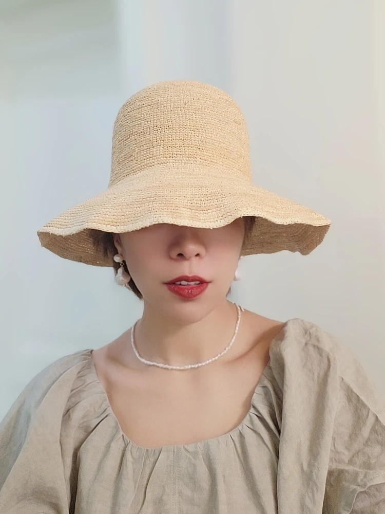 casual-korean-style-straw-hat-women's-summer-sun-protection-vacation-fisherman-bucket-hat-hook-needle-weaving-wide-brim-hat