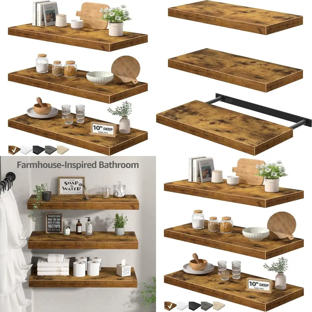 

Set of 3 Rustic Brown Floating Shelves, 10 Deep x 24 Wide, Suitable for Books and Decor in Various Rooms