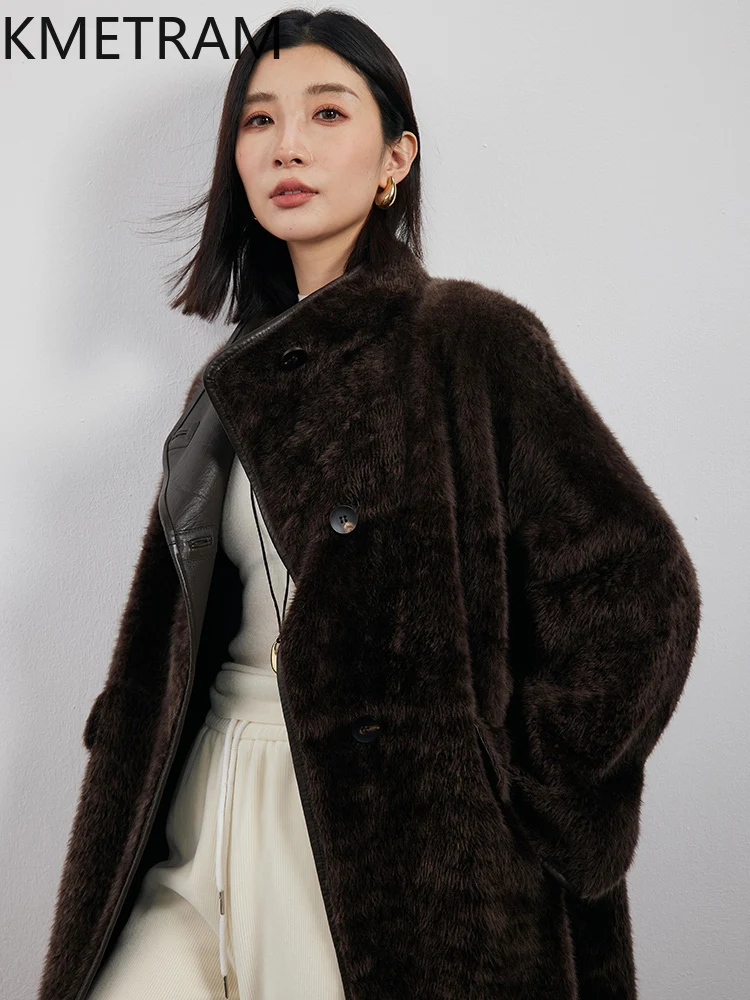 Natural Merino Wool Sheepskin Double Faced Fur Jacket Woman Dark Brown Mid Length Real Fur Coat 2025 Winter Clothes Women шуба