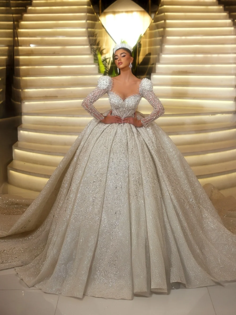 Glamorous Lace Beaded Wedding Dress Delicate Luxurious Long Sleeve Bridal Gown Customized Elegant Princess Dresses For Bride