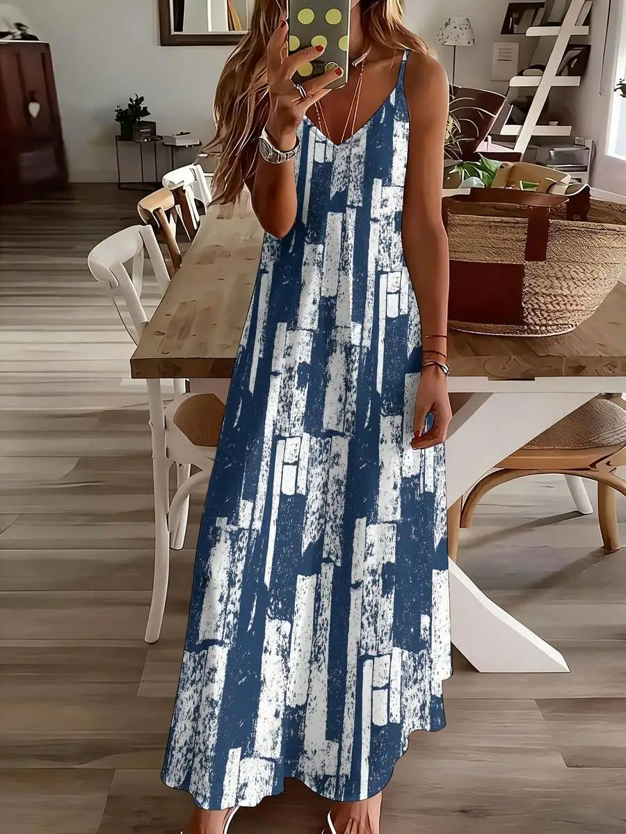 

Casual Boho Spaghetti Strap Maxi Dress Abstract Geometric Print Summer Beach Vacation Outfit