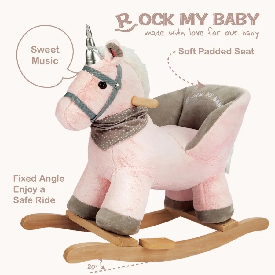 حصان هزاز يونيكورن الطفل الحيوان الروك حصان هزاز مع مقعد ركوب على الحصان أفخم حصان هزاز مع موسيقى يونيكورن خشبية Ro