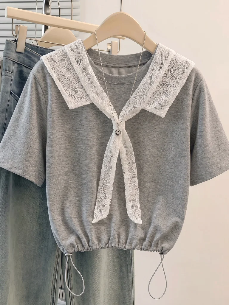 Grey Lace Shoulder Wrap Short Sleeve Women's T-shirt Summer New plus Size Micro Plump Bottom Hem Drawstring Top Korean Style