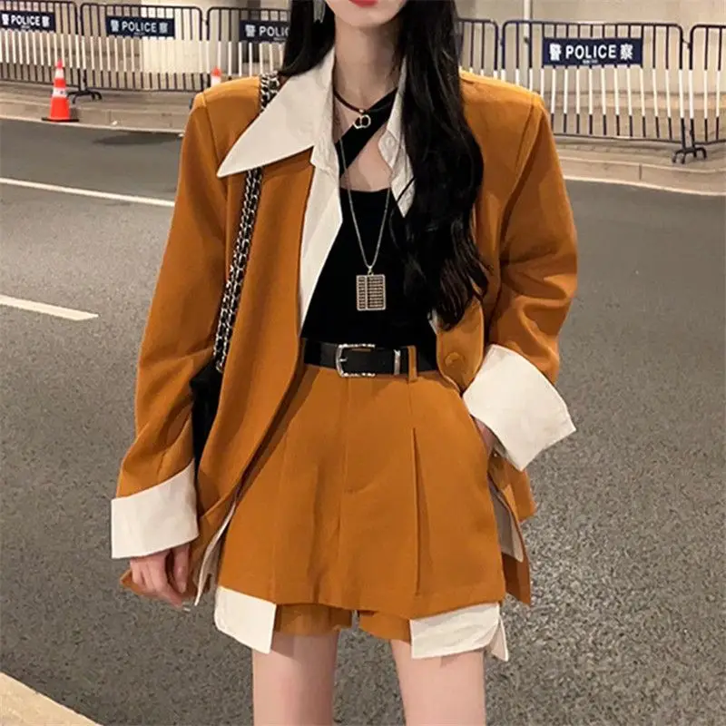 Spring and Autumn New Style Style Fake Two Piece Combination Suit Coat Shorts Slimming Casual Two Piece Set for Women Short Sets