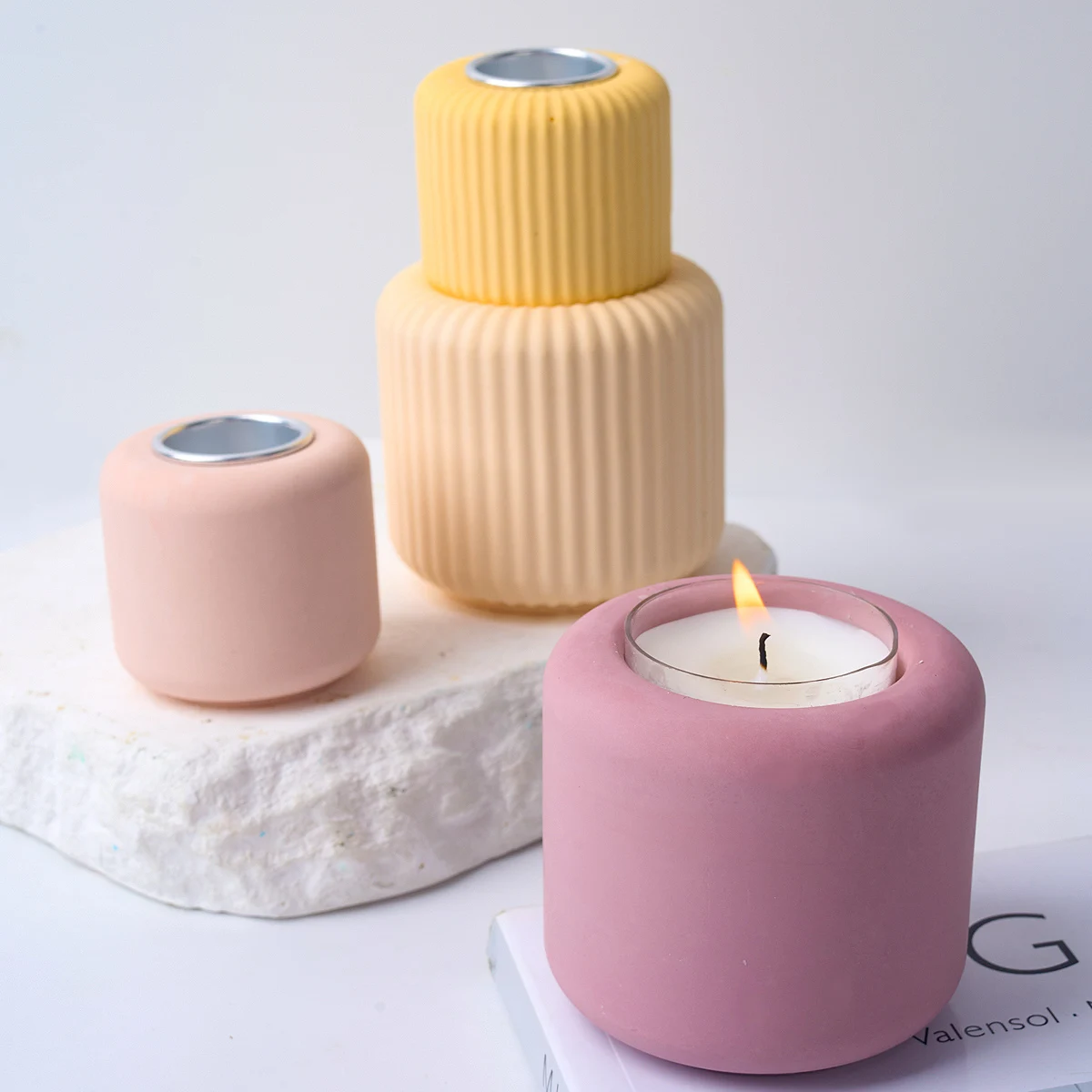 DIY Concrete Candlestick Silicone Mold Round Striped Craft Making Plaster Resin Tealight Candle Houlder Casting Molds Home Decor