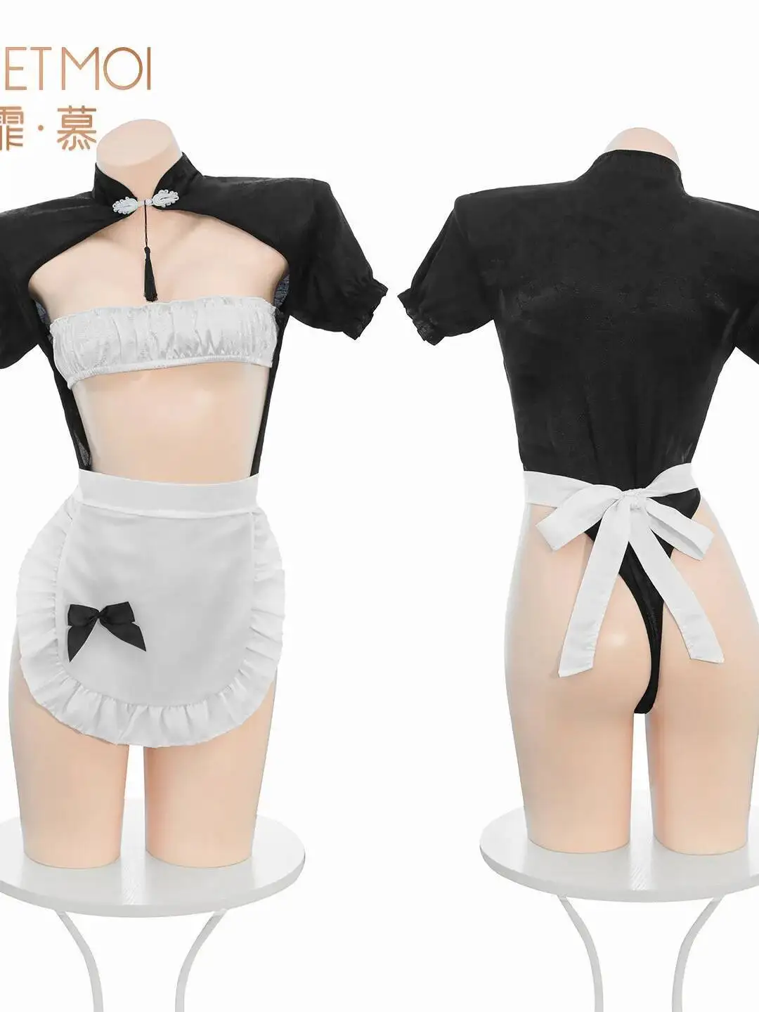 النمط الصيني شيونغسام طوق خادمة المئزر فستان مثير Bowknot الدانتيل المشذبة بأكمام طويلة الرغبة النقية الساحرة للمرأة YP99