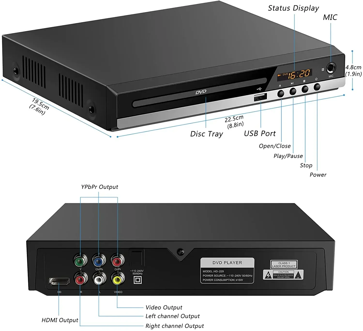 HD-229 Reproductor de DVD en casa Reproductor de disco de CD y DVD Reproductor multimedia digital Reproducción de disco en U Salida AV HD con control remoto