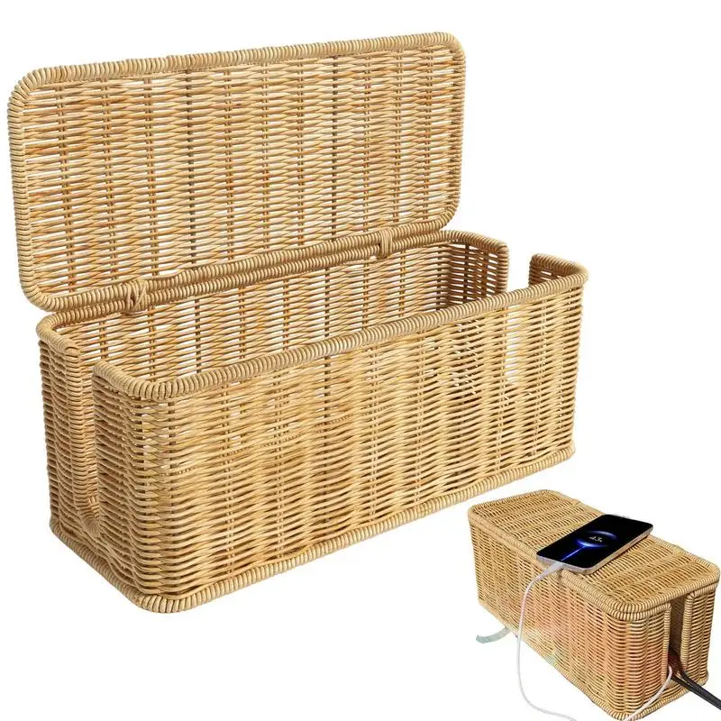 Rattan Cable Organizer Box Cable Organizer Box and Power Strip Box for Electrical Cord Management Desk Cord Hider