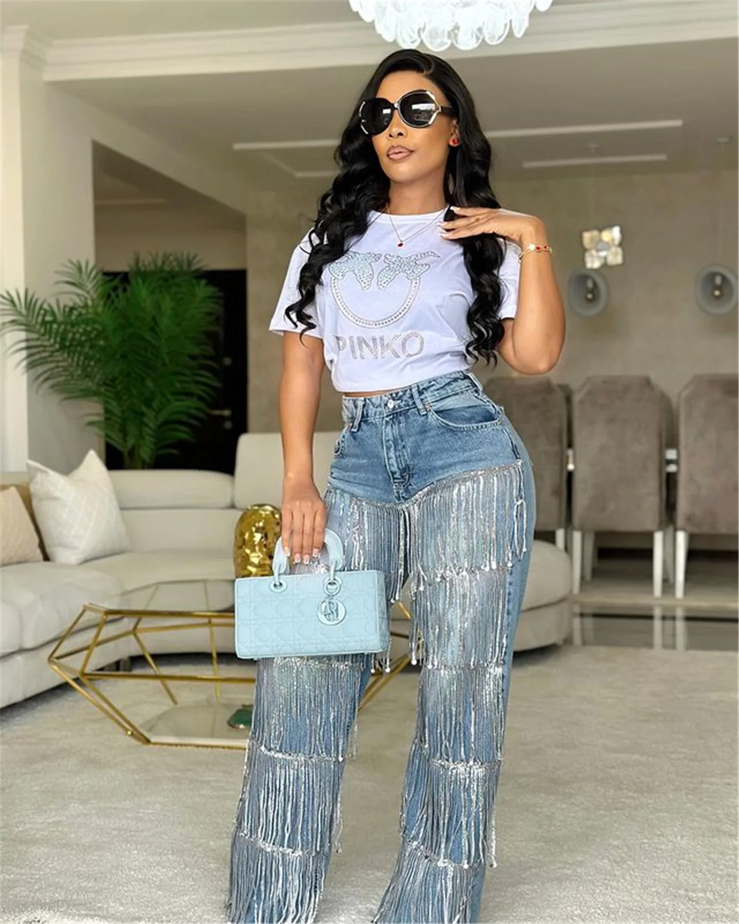 

Fashion Street Hot Sequin Tassel Design Straight Jeans for women Light Blue High Waist Denim Trousers Club Jeans