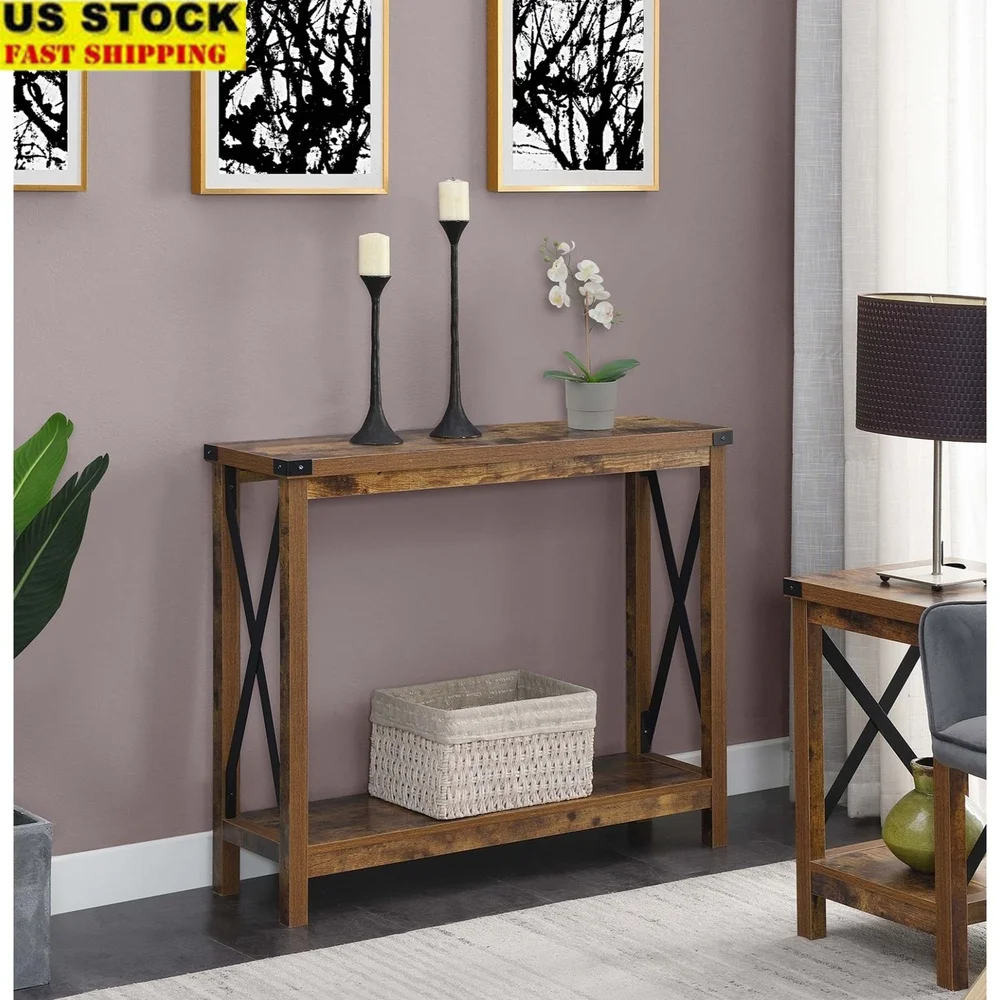 

Консольный столик Durango, промышленный фермерский стиль, 2-уровневые стеллажи для хранения, гостиная, офисный декор, прочный, простая сборка