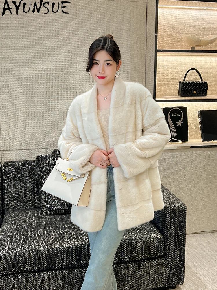 AYUNSUE Natural Velvet Mink Fur Jacket Woman V-Neck Luxury Whole Mink Coat for Woman Clothing 2025 High Quality Кофта С Мехом