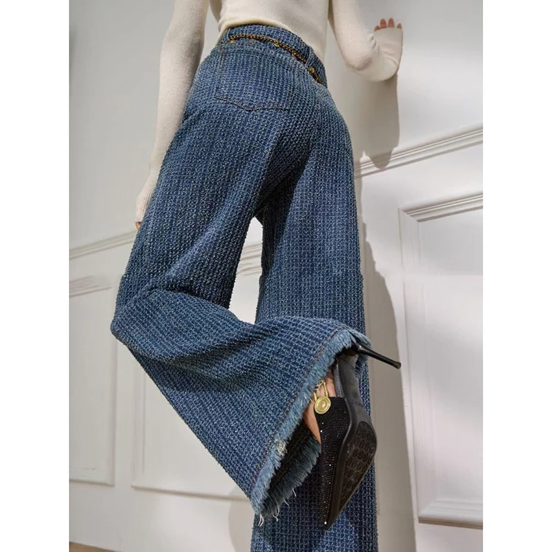 

Women's High Waist Jeans Fall Textured Tweed Wide Leg Pants 2026 New Vintage Fringe Hem Floor Length Denim Trousers