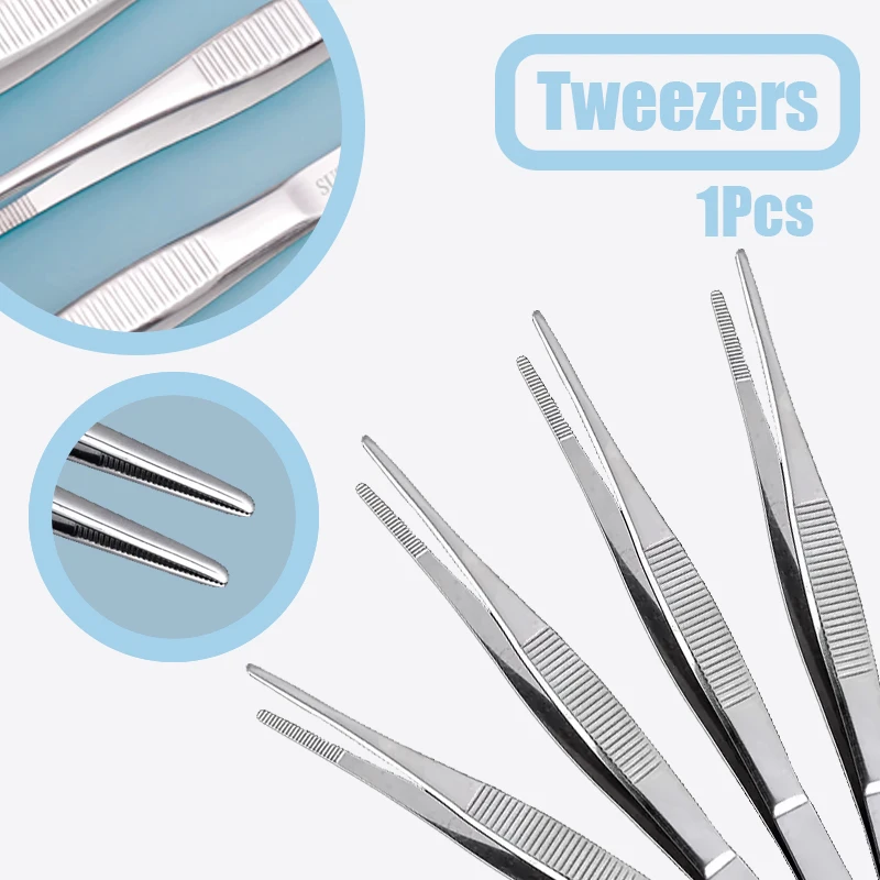 1Pcs Toothed Tweezers Barbecue Stainless Steel Long Tong Straight Tweezer Home Medical Garden Kitchen BBQ Tool