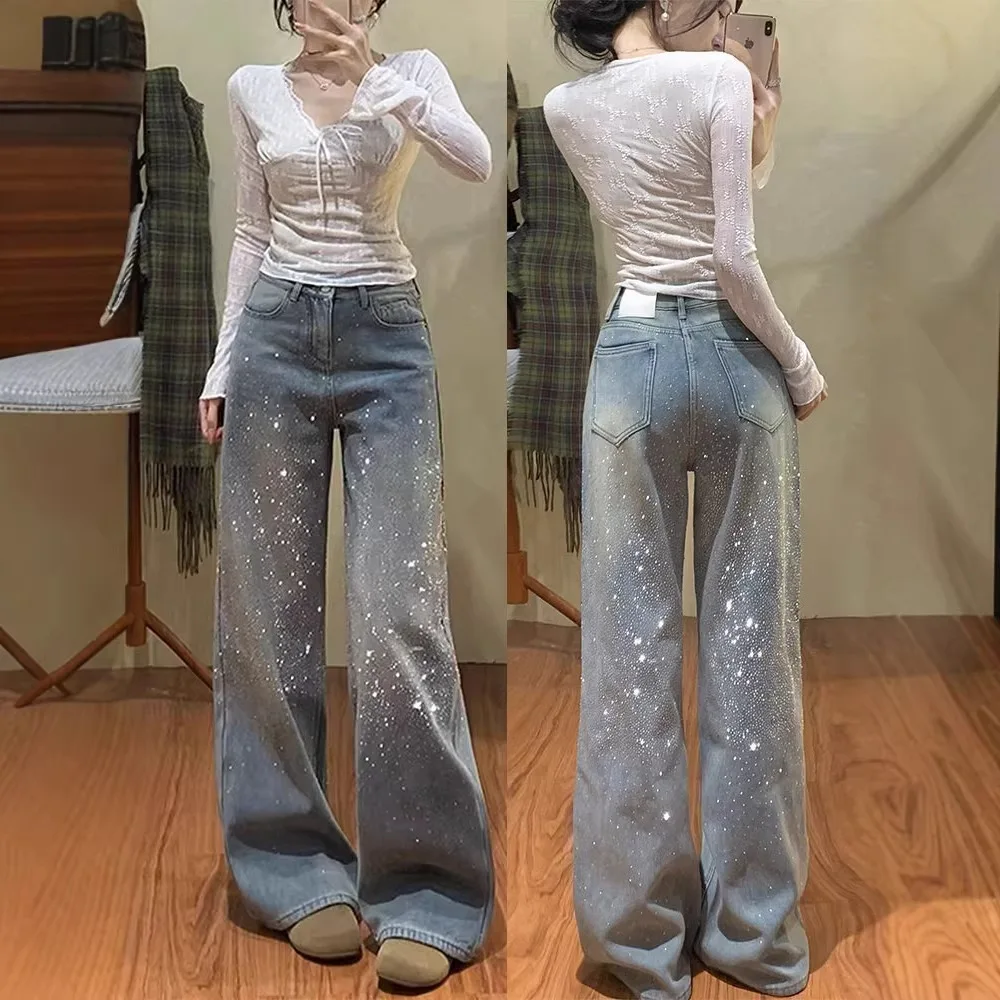 

Fine Flash Hot Diamond Wide Leg Jeans Women's 2026 New High Waist Thin Loose Straight Pants with Drill