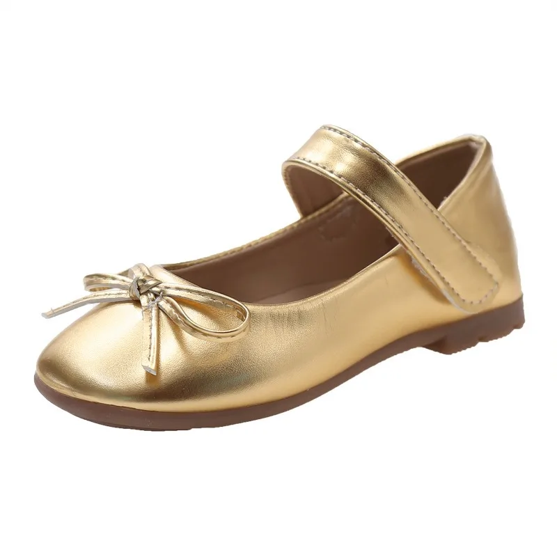 2024 New Small Fragrant Style Mary Jane Girls' Soft soled Leather Shoes Gold Silver Princess Shoes Butterfly Knot Single Shoes