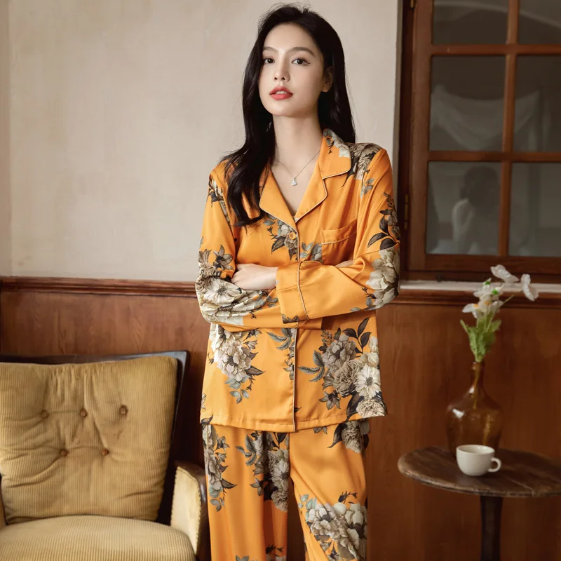 2026 New Ice Silk Thin Casual Women Pajamas Long Sleeve Set Women's Homewear 4