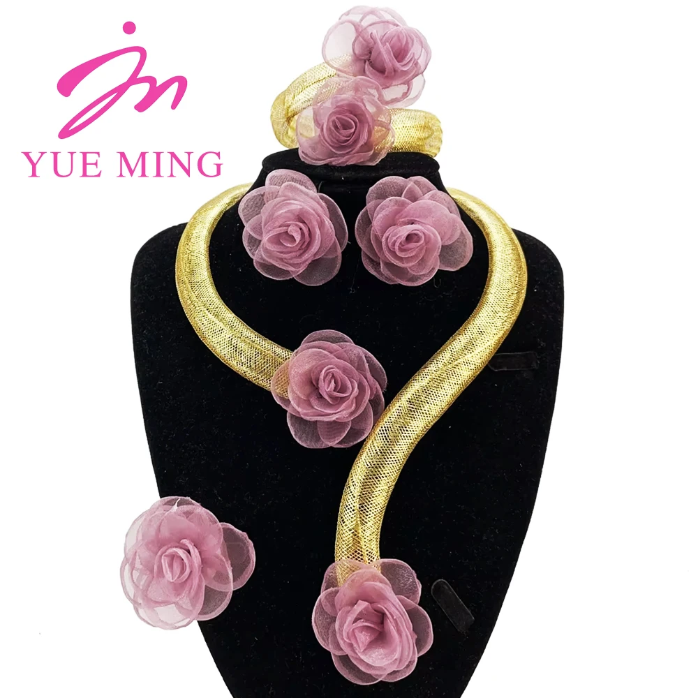 

2025 Unique Jewelry Sets for Women Brazilian Hollow Colorful Flower Necklace Elegant Collar Bracelet Ring Valentine's Day Gifts