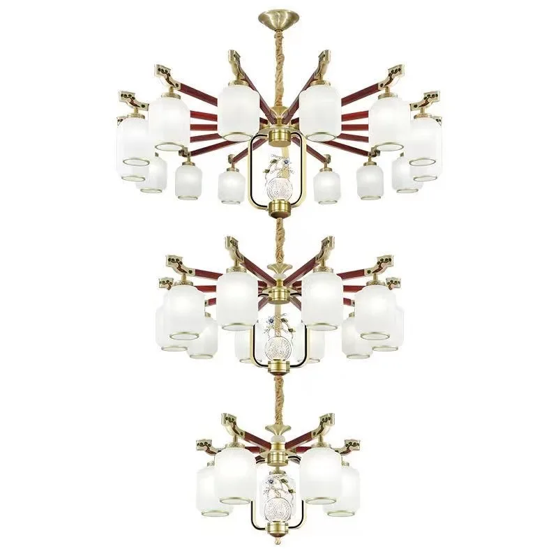 

New Chinese style, duplex building, large chandelier, all copper, solid wood, Chinese style, lobby