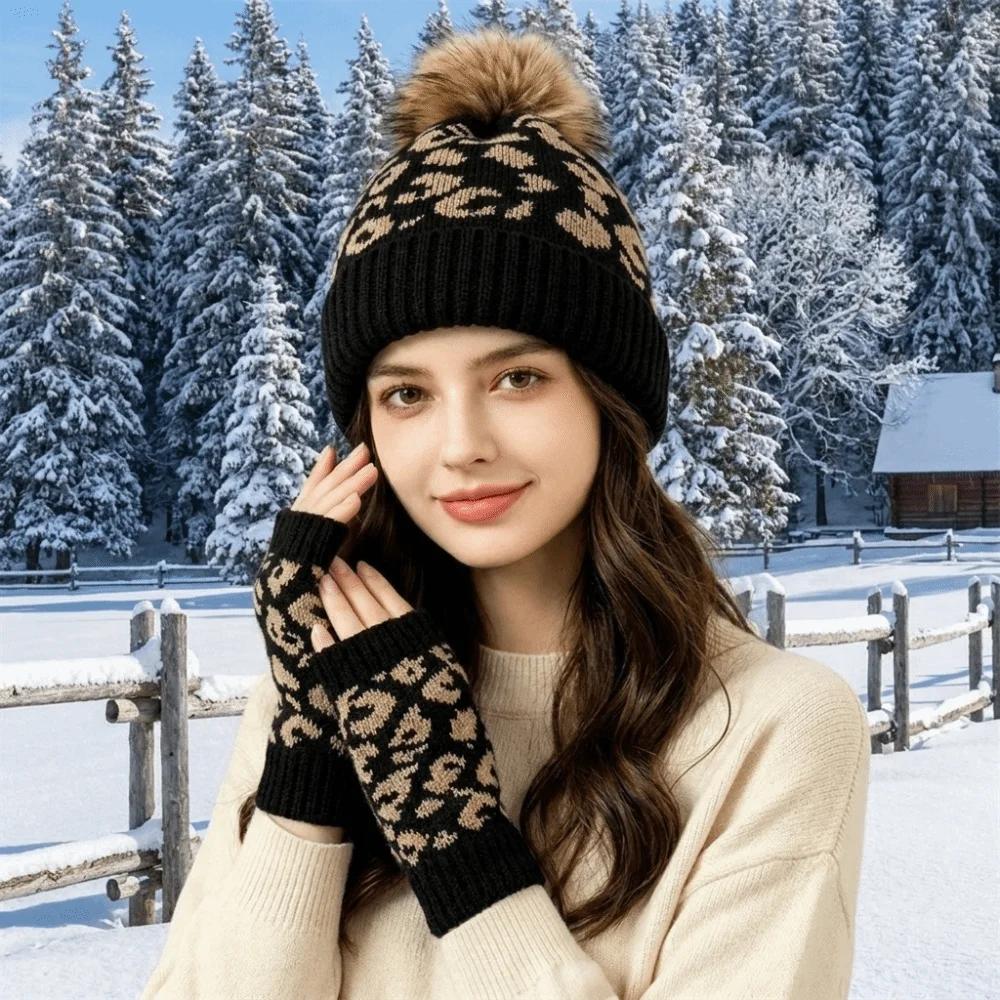 2Pcs/Set Simple Leopard Print Hat Gloves Set Thickened Warm Knitted Beanie Soft Knitted Pullover Hat Women