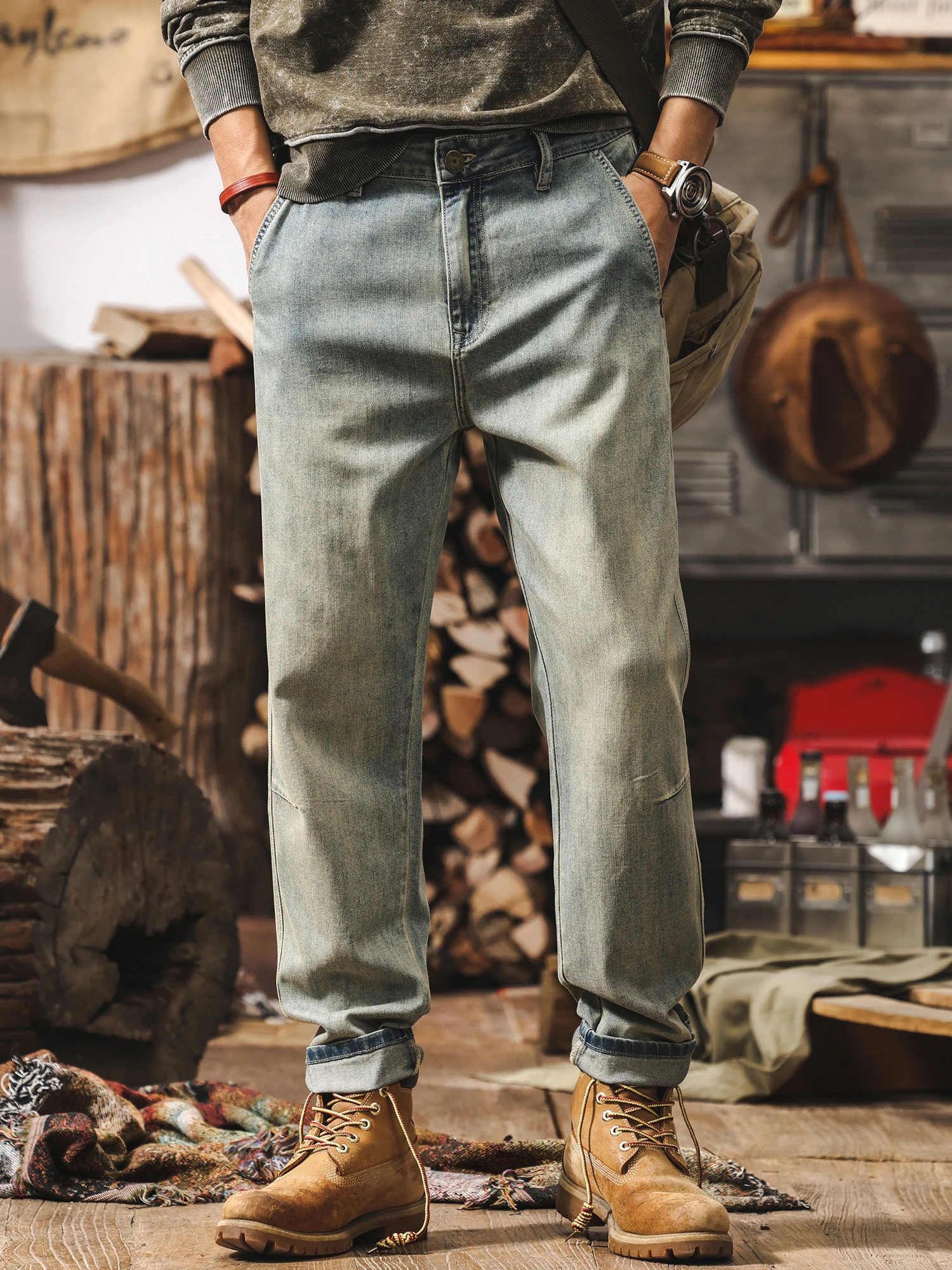 

Американские винтажные тонкие джинсы, мужские повседневные свободные прямые джинсы из смеси хлопка и полиэстера, дышащие осенние новые поступления