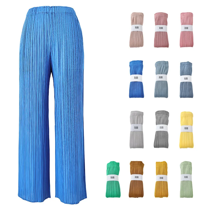 Women's Casual Elegant Women's Miyake Pleated 2023 Designer Loose Straight Pleated Trousers High Waist Wide Leg Black Pants