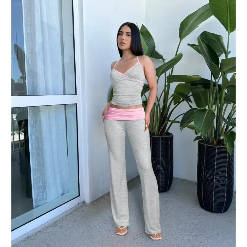 

CPSYMYM Women's Suit Slim-Fit Halter Top Strap + Low Waist Micro Flare Pants Outfits Solid Color Lady Fashion Two Piece Set