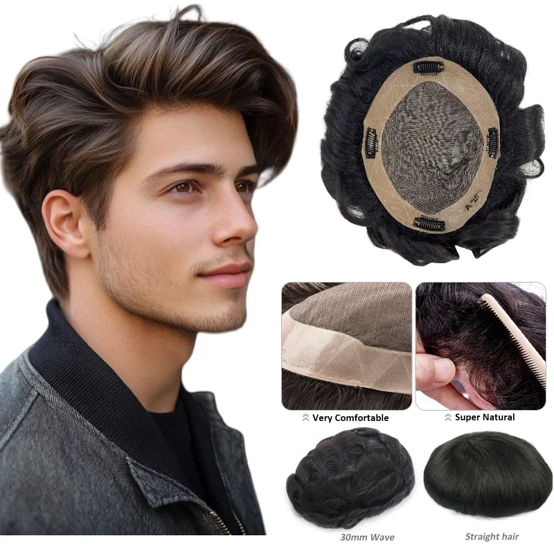 100% Human Hair D7-3 Mono Base Man Topper With Clips 6x8 6inch Straight Mono+NPU Hand-Tied Remy Hair For Baldness Cover