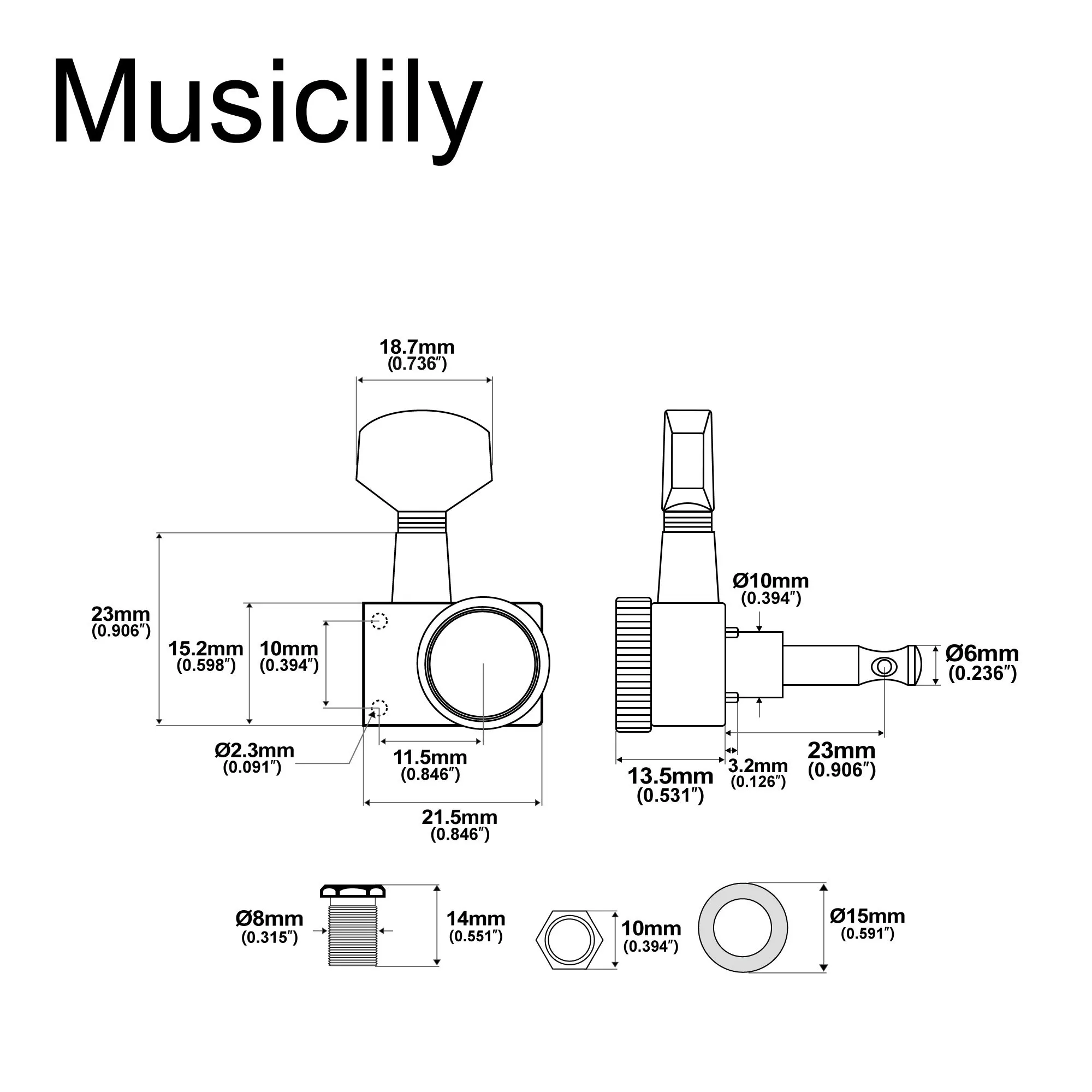 Musiclily Pro R15T 6-in-line 2-pins Guitar Locking Tuners Machine Heads Tuning Pegs Keys Set for Fender ST Tele Style Guitar