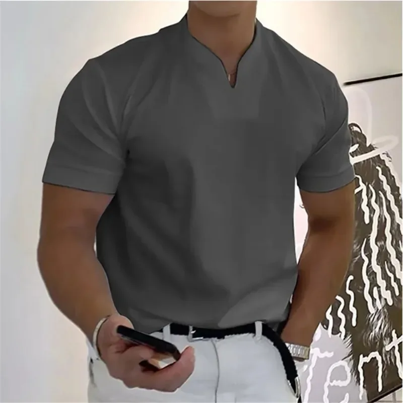

Summer New Men Fashion Trend T-shirt Short Sleeve V-neck Top Elastic Cotton Fitness Sports Loose Large Size Clothing