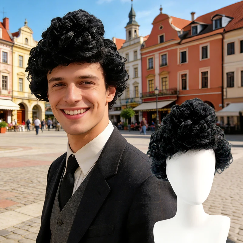 Black Short Tight Curly Wig Synthetic Hair Retro Character Clown Cosplay Halloween Carnival Costume Party Full Wigs for Adults