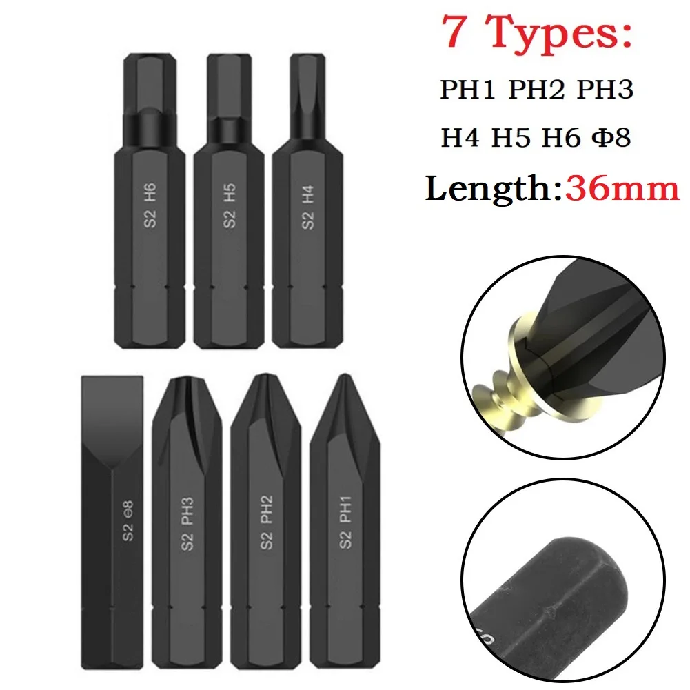 7Pcs Screwdriver Bits 36mm S2 Hex Shank Electric Impact Cross Screwdriver Bit PH1/PH2/PH3/H4/H5/H6/Φ8 Carpentry Woodworking Tool